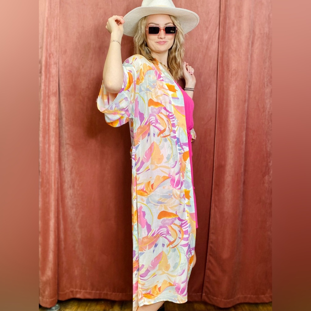 Z SUPPLY Tropical Print Long Kimono Duster Cardigan Multicolor | Size Medium - Picture 2 of 6